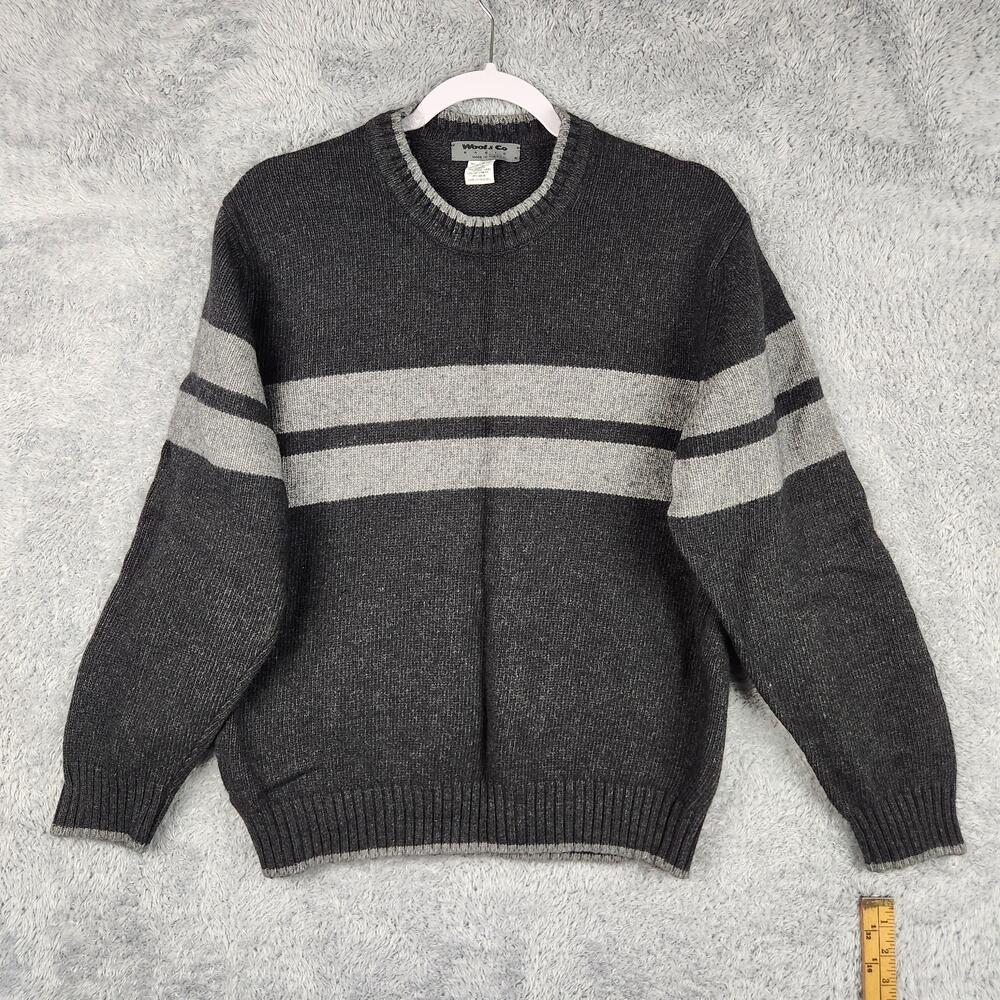 Wool & Co Sweater Mens Large Gray Striped Italy Knit Cashmere Wool Angora Blend